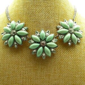 Pastel Mint Green Acrylic & Rhinestone Floral Statement Bib Necklace